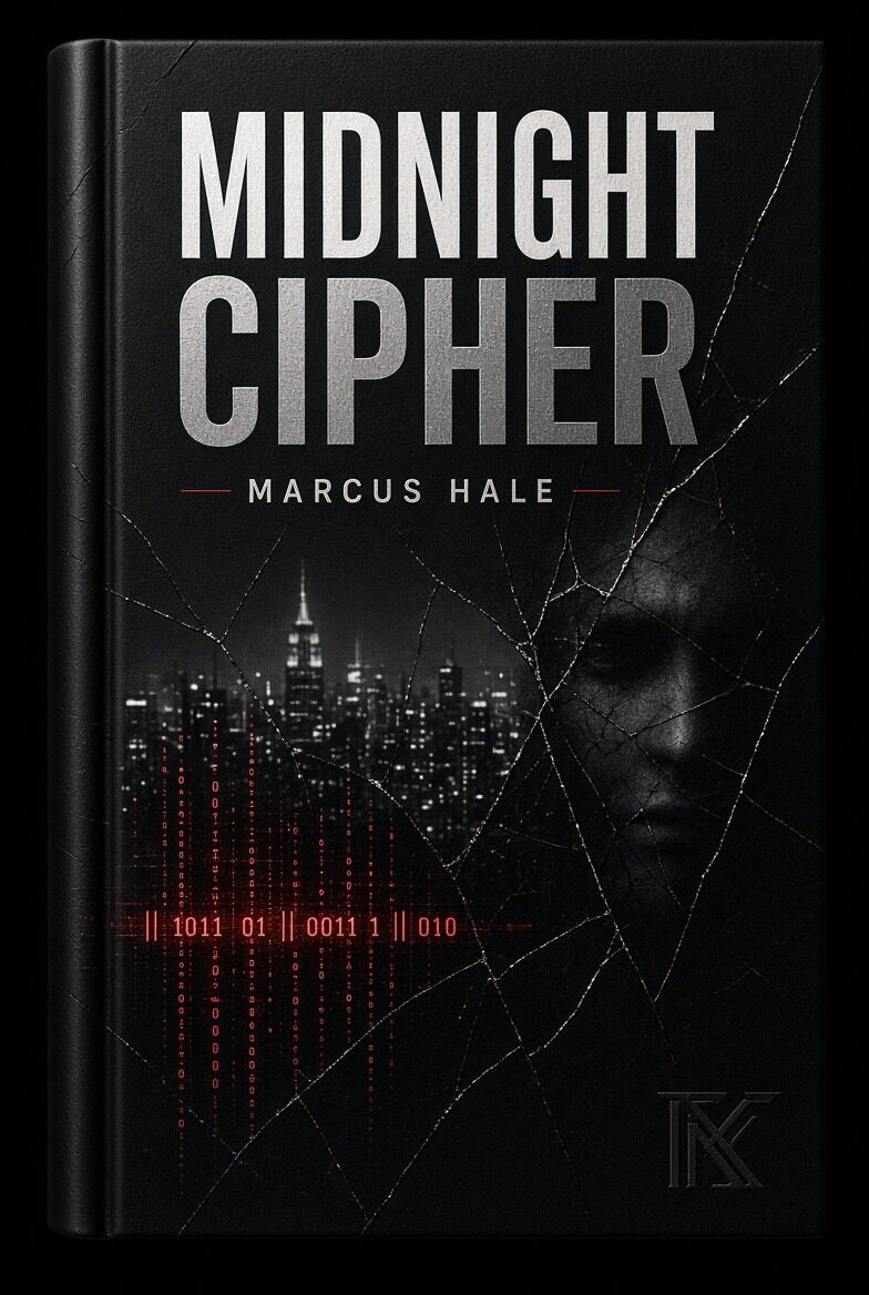 Midnight Cipher by Marcus Hale: black hardcover with cracked-glass texture, a night skyline, a half-lit face and a red binary code line