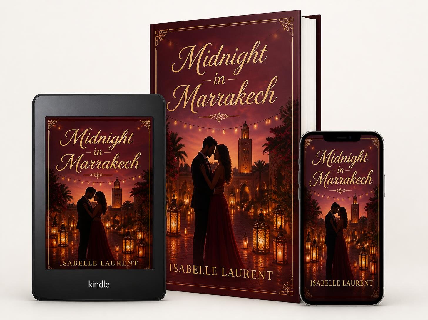 Midnight in Marrakech by Isabelle Laurent, shown as a hardcover, an ebook and on a phone