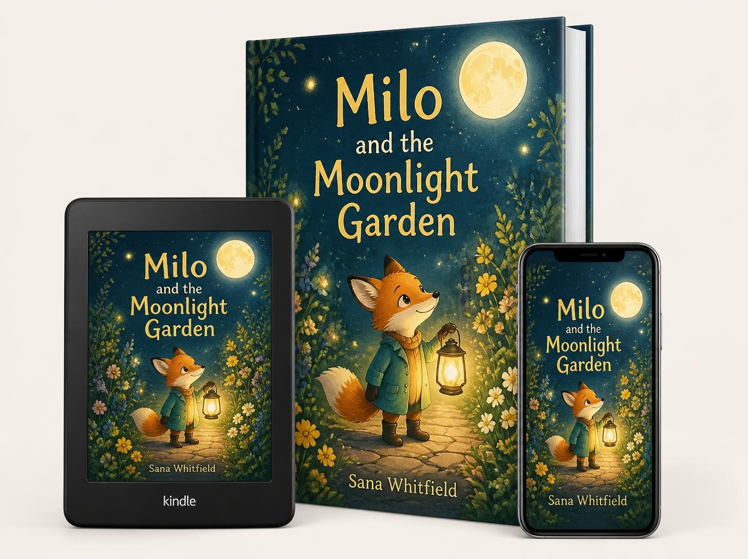 Milo and the Moonlight Garden by Sana Whitfield, shown as a hardcover, an ebook and on a phone