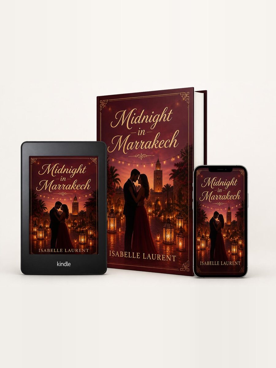 Midnight in Marrakech by Isabelle Laurent, shown as a hardcover, an ebook and on a phone