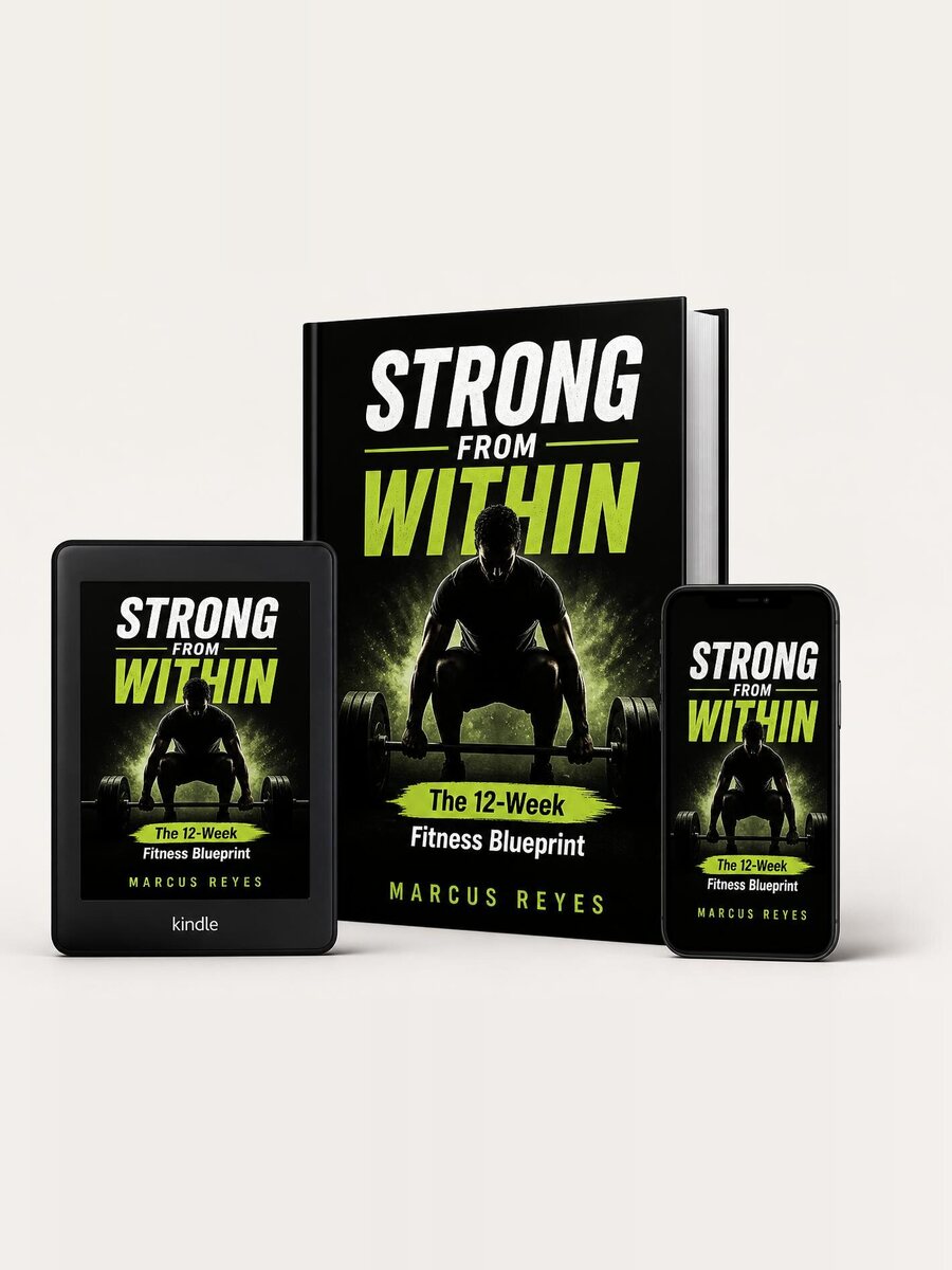 Strong from Within by Marcus Reyes, shown as a hardcover, an ebook and on a phone