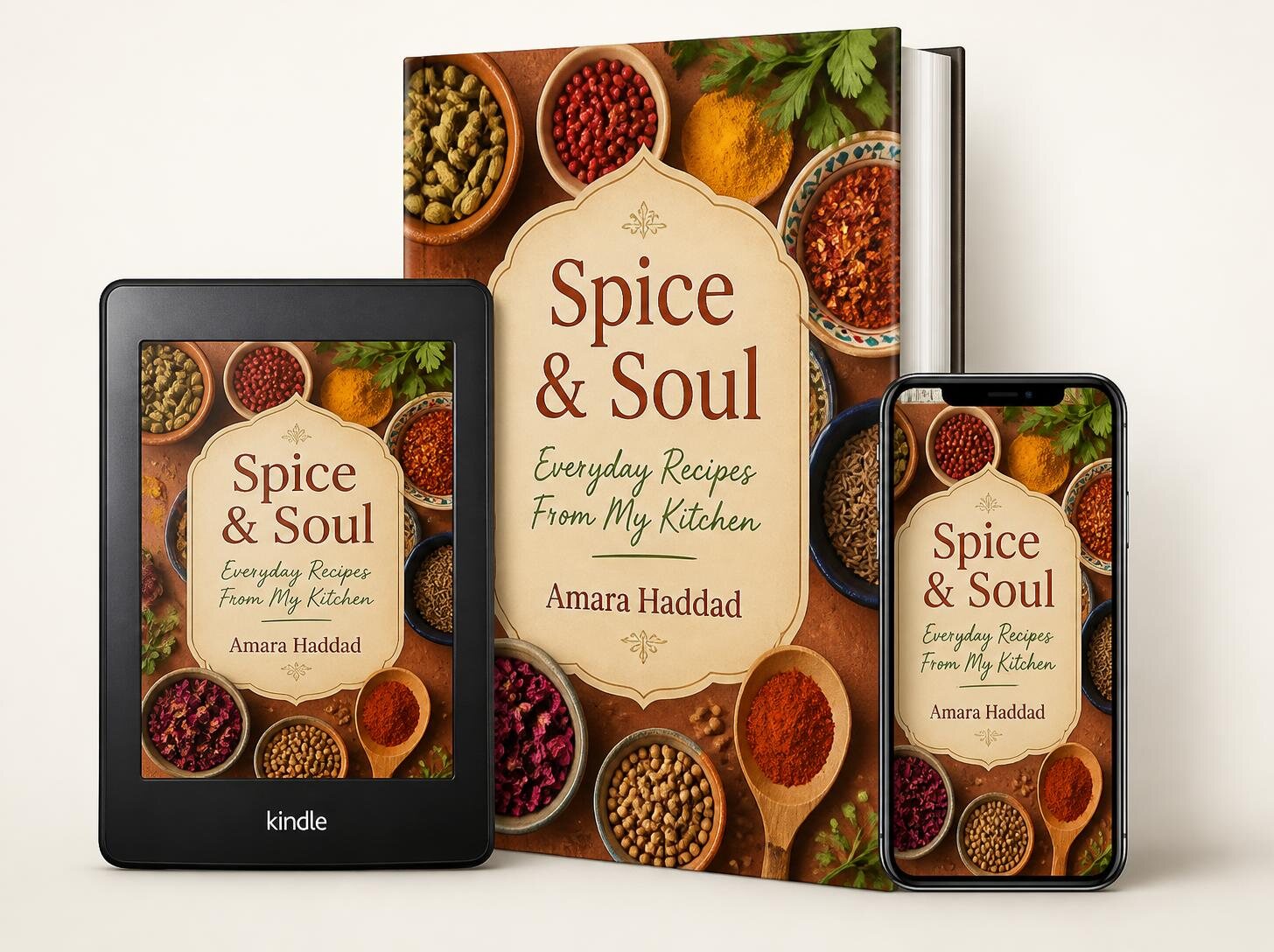 Spice & Soul by Amara Haddad, shown as a hardcover, an ebook and on a phone